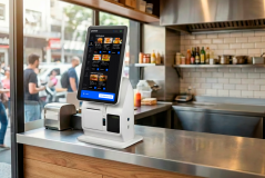 Terminal de autoatendimento digital Goomer exibindo cardápio de hambúrgueres em um balcão de restaurante.