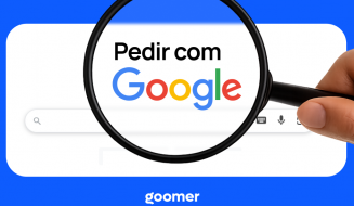 Imagem mostrando a frase 'Order with Google' sendo ampliada por uma lupa, em fundo azul, promovendo a facilidade de fazer pedidos através do Google.