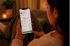 Consumidora usando suéter claro segura o celular e finaliza um pedido de delivery de comida em um aplicativo. Na tela, aparecem itens como hambúrguer, batata frita e refrigerante, enquanto ela se acomoda no sofá de um ambiente aconchegante e iluminação quente.