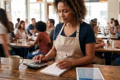 Mulher de cabelo cacheado, vestindo camiseta azul e avental bege, está concentrada trabalhando no balcão de madeira de um restaurante movimentado. Ela usa uma calculadora enquanto faz anotações em um caderno, tendo ao seu lado um tablet e uma xícara de café, enquanto diversos clientes ocupam as mesas ao fundo.