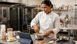Chef de cozinha de dólmã e avental brancos mistura ingredientes em uma tigela de inox com expressão concentrada e duvidosa. Na bancada industrial de aço, há um tablet apoiado mostrando orientações, além de ingredientes como ovos, manteiga, farinha, potes de mantimento, batedor de arame e uma assadeira. Ao fundo, vê-se a cozinha profissional equipada com fornos e prateleiras.
