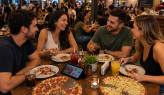 Grupo de amigos em pizzaria compartilhando os sabores de pizza mais pedidos e bebidas, com tablet de cardápio digital na mesa.