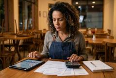 Com cabelos cacheados e usando avental de jeans, proprietária de restaurante trabalha concentrada ao balcão após o expediente. Ela utiliza uma calculadora, tablet com gráficos financeiros, papéis e bloco de anotações para organizar a gestão da empresa no salão com cadeiras viradas sobre as mesas.