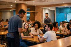 Um garçom de costas conversa com clientes sentados ao redor de uma mesa de madeira em um restaurante movimentado. As pessoas na mesa seguram smartphones e olham atentamente para o funcionário enquanto fazem o pedido. Ao fundo, o ambiente iluminado exibe outros clientes jantando e detalhes de tijolos à vista na parede.