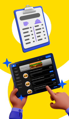 Pessoa usando um tablet para fazer pedido em um restaurante, enquanto um garçom anota um pedido ao fundo; tecnologia e alimentação.