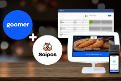 Imagem mostrando a parceria entre Goomer e Saipos, plataformas digitais para gestão de pedidos e atendimento em restaurantes, com dispositivos eletrônicos em destaque.