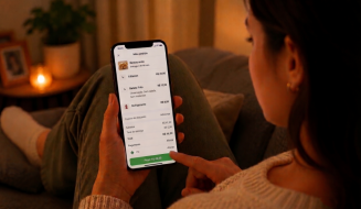 Consumidora usando suéter claro segura o celular e finaliza um pedido de delivery de comida em um aplicativo. Na tela, aparecem itens como hambúrguer, batata frita e refrigerante, enquanto ela se acomoda no sofá de um ambiente aconchegante e iluminação quente.