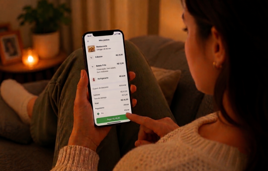 Consumidora usando suéter claro segura o celular e finaliza um pedido de delivery de comida em um aplicativo. Na tela, aparecem itens como hambúrguer, batata frita e refrigerante, enquanto ela se acomoda no sofá de um ambiente aconchegante e iluminação quente.