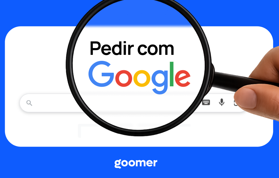 Imagem mostrando a frase 'Order with Google' sendo ampliada por uma lupa, em fundo azul, promovendo a facilidade de fazer pedidos através do Google.