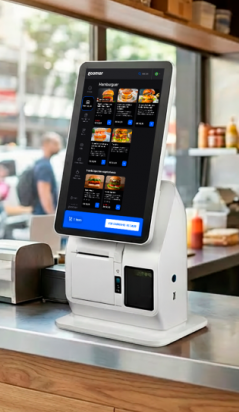 Terminal de autoatendimento digital Goomer exibindo cardápio de hambúrgueres em um balcão de restaurante.