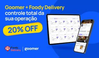 Imagem promocional do Goomer + Foody Delivery destacando a gestão de operação com desconto de 20%, incluindo tablet e smartphone exibindo o sistema de gerenciamento de delivery.