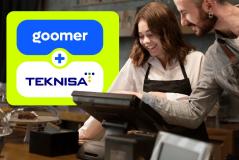 Equipe de funcionários de cafeteria atendendo clientes, promovendo o cartão Goomer em parceria com TekNisa para facilitar pagamentos e fidelizar clientes.