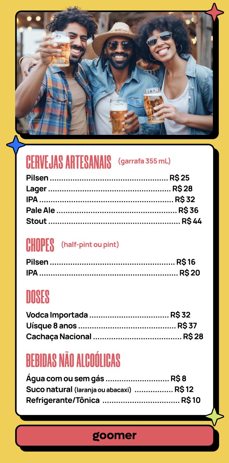  Cardápio colorido para cervejarias com preços de cervejas artesanais, chopes, doses de destilados e bebidas não alcoólicas, com uma foto de pessoas brindando no topo.