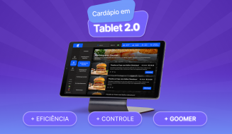 Ilustração de um tablet de última geração exibindo um cardápio de hambúrguer gourmet com interface moderna. Design atrativo com fundo roxo e elementos gráficos de destaque, promovendo a inovação na gestão de pedidos de restaurante.