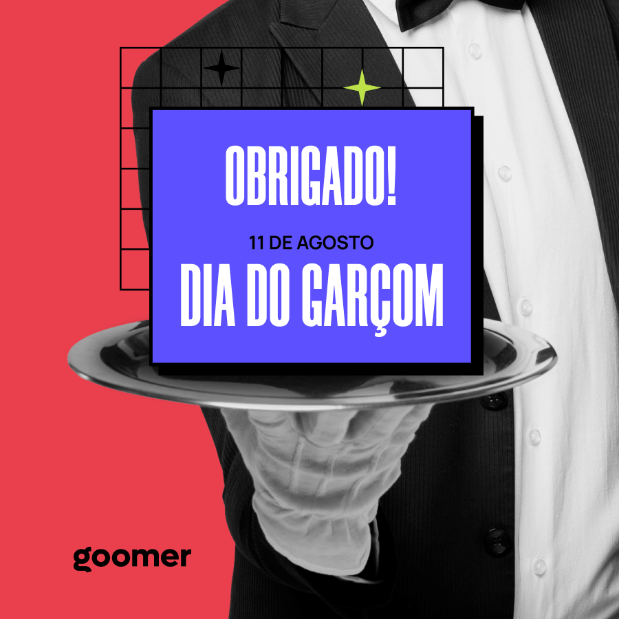 Ilustração exclusiva da Goomer mostrando garçom segurando uma bandeja circular e sobre a bandeja há uma mensagem de agradecimento ao Dia do Garçom