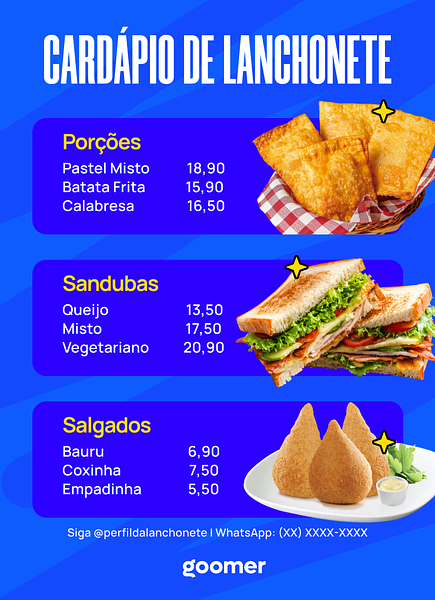 Cardápio de lanche com opções de porções, sandubas e salgados, destacando preços e variedade de alimentos para refeições rápidas e saborosas.