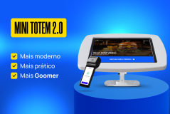 Imagem de um mini totem 2.0 moderno e prático, com tela touchscreen exibindo uma mensagem de boas-vindas, ideal para estabelecimentos comerciais que desejam uma solução tecnológica eficiente para atendimento ao cliente.