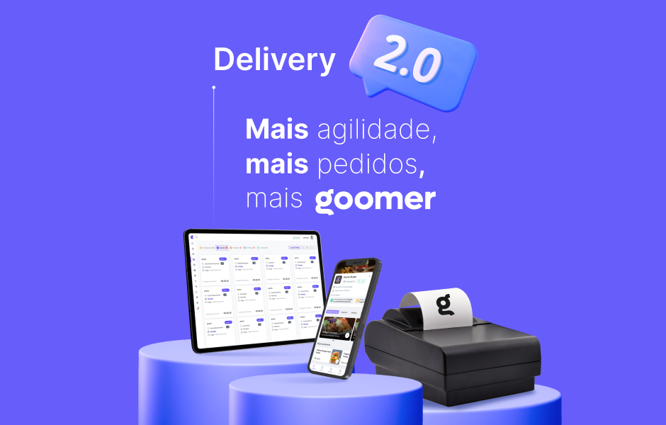 Imagem destacando a solução de entrega Goomer 2.0, com um tablet, smartphone e impressora, demonstrando a modernização dos serviços de delivery.