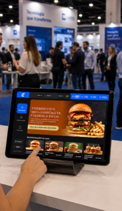 Pessoa de camisa azul interage com tablet de autoatendimento no balcão, exibindo cardápio digital de hambúrgueres. Ao fundo, pavilhão de feira corporativa traz estandes azuis e diversos visitantes em trajes esporte fino circulando pelo evento.