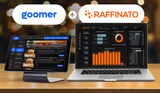 A imagem exibe uma combinação de plataformas de análise de dados e automação de marketing, com telas de computador mostrando dashboards de resultados de vendas e desempenho, representando integração entre Goomer e Raffinato para otimizar negócios de alimentação.