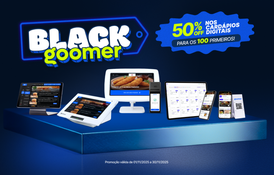 Promoção Black Goomer com descontos de 50% em cartões digitais, disponível para os primeiros 100 clientes, com diversas opções de dispositivos digitais como smartphones, tablets e computadores.