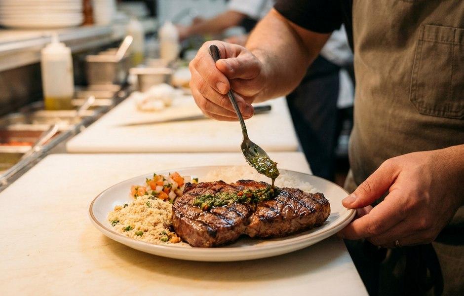 Cozinheiro finaliza a montagem de um prato regando um suculento bife grelhado com molho de ervas. O prato servido na bancada da cozinha também acompanha farofa, vinagrete e arroz.