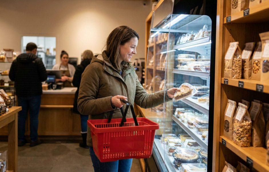 Mulher sorridente vestindo casaco marrom e segurando uma cesta vermelha pega uma torta em um expositor refrigerado. À sua direita, prateleiras de madeira expõem diversos produtos em embalagens de papel. Ao fundo, outros clientes e funcionários movimentam-se próximo ao balcão da loja.