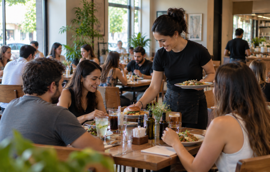 Salão movimentado de franquias de alimentação, com clientes nas mesas e equipe entregando os pedidos