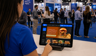 Pessoa de camisa azul interage com tablet de autoatendimento no balcão, exibindo cardápio digital de hambúrgueres. Ao fundo, pavilhão de feira corporativa traz estandes azuis e diversos visitantes em trajes esporte fino circulando pelo evento.