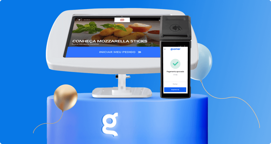 Imagem que exibe um sistema de pedidos com terminal de pagamento e tela de boas-vindas para fazer pedidos de Mozzarella Sticks.