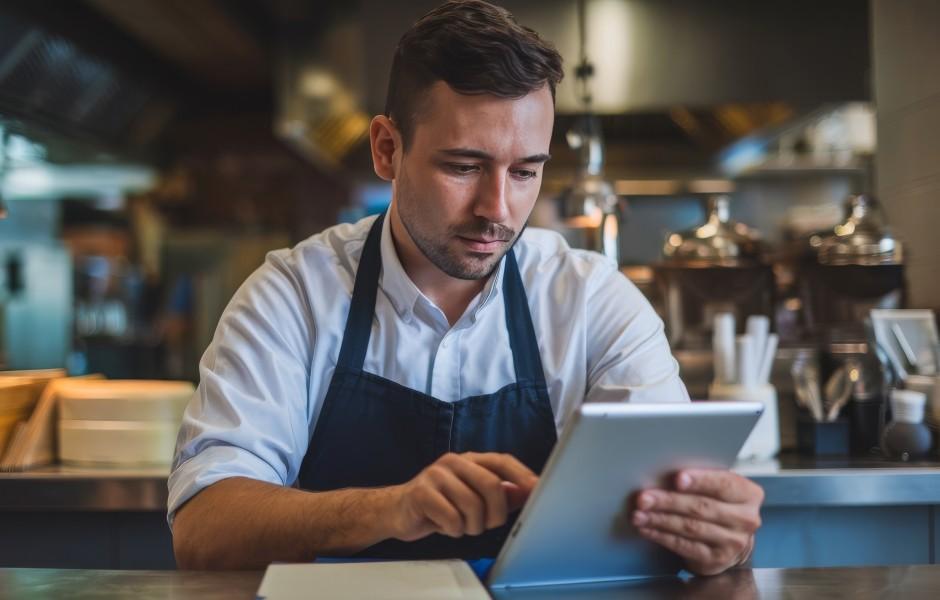 Homem de avental concentrado usando um tablet sobre um balcão de atendimento. O fundo mostra a cozinha de um restaurante ou café.