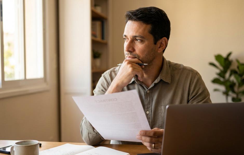 Homem de camisa cinza apoia a mão no queixo enquanto segura uma caneta e analisa pensativo um documento impresso, olhando na direção da janela. Sobre a mesa de madeira, há um laptop aberto, um caderno de anotações e uma caneca.