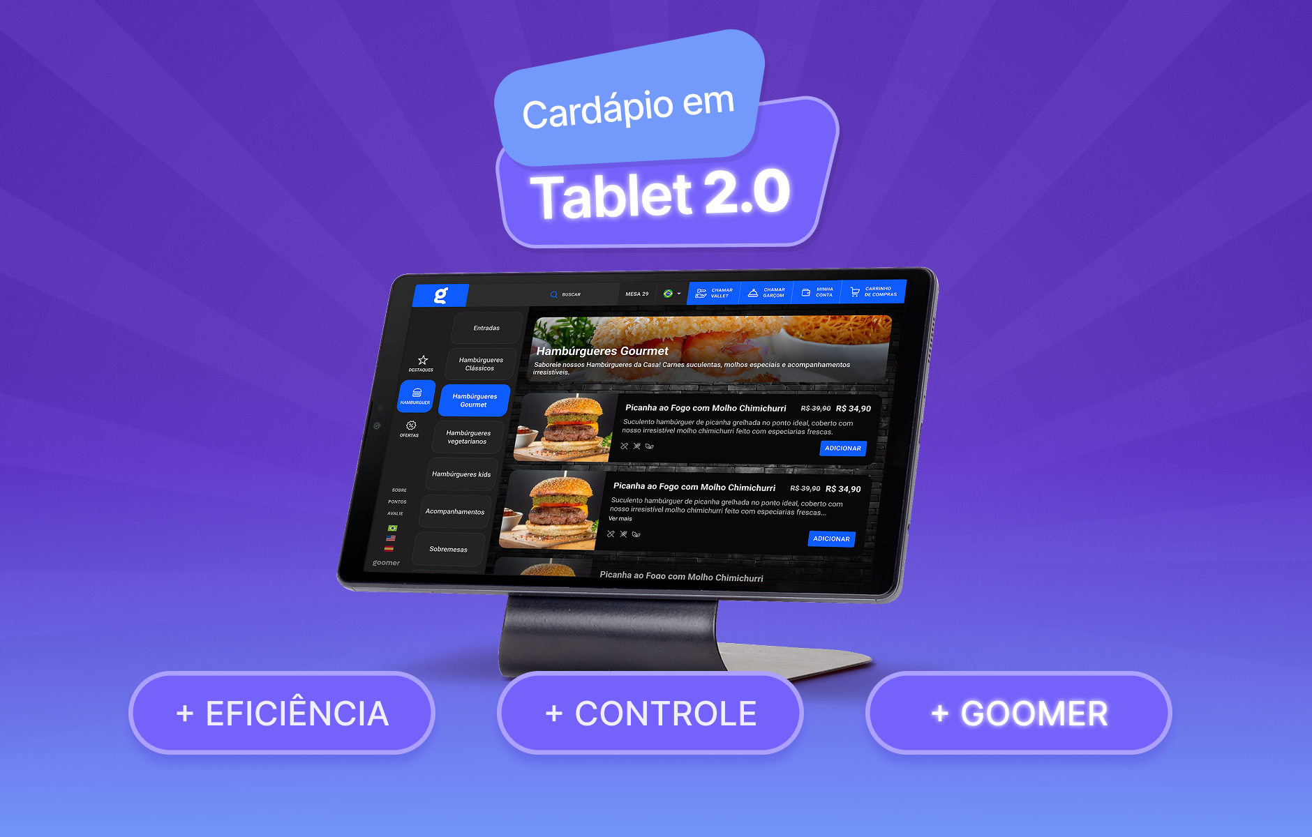 Ilustração de um tablet de última geração exibindo um cardápio de hambúrguer gourmet com interface moderna. Design atrativo com fundo roxo e elementos gráficos de destaque, promovendo a inovação na gestão de pedidos de restaurante.