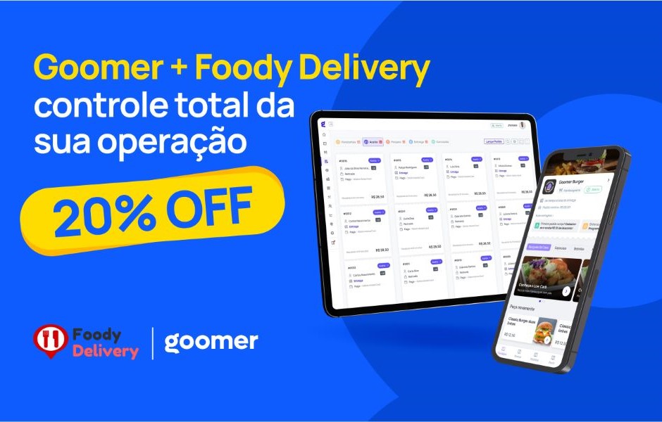 Imagem promocional do Goomer + Foody Delivery destacando a gestão de operação com desconto de 20%, incluindo tablet e smartphone exibindo o sistema de gerenciamento de delivery.
