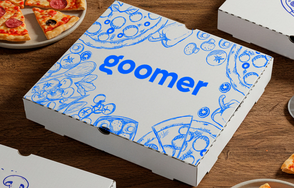 Caixa de delivery da Gowmer com design ilustrado de pizza, ingredientes e alimentos diversos, ideal para pedidos de alimentos para entrega.