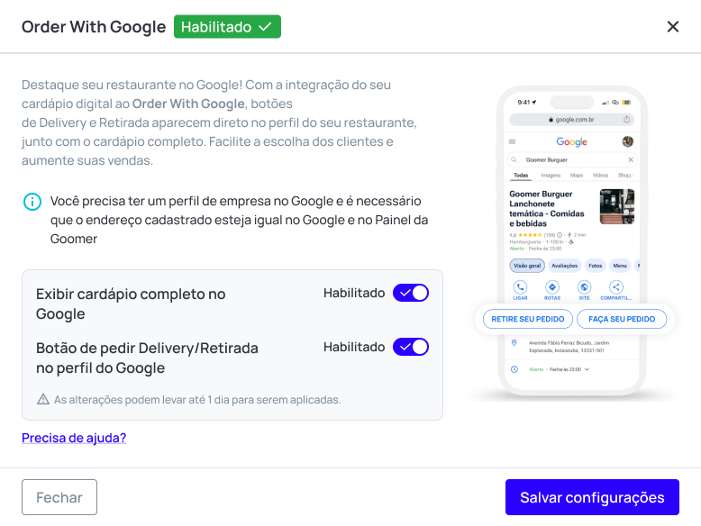 Imagem de um perfil de restaurante no Google mostrando uma tela de configuração para exibir menu completo e solicitar delivery ou retirada pelo perfil do Google, promovendo otimização para a palavra-chave 'redefinir perfil de restaurante no Google'.