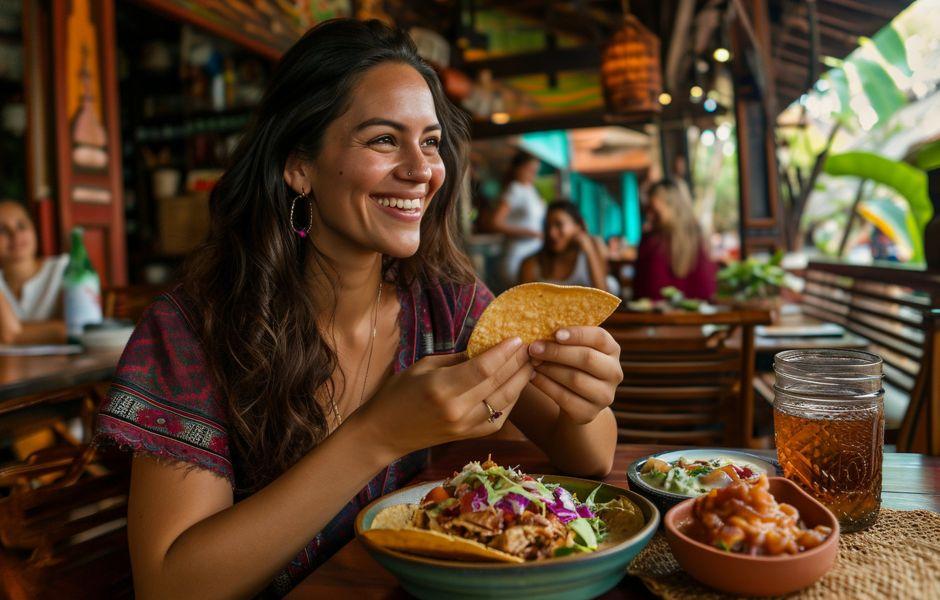 Mulher sorridente segurando um taco em restaurante mexicano casual, com mesa farta de pratos coloridos, salsa e bebida gelada, em ambiente tropical e animado ao fundo.