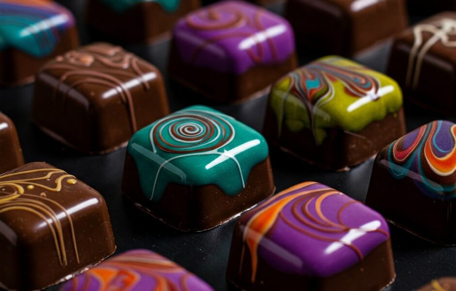 Deliciosos chocolates coloridos em diferentes formas, com revestimentos vibrantes e decorações artísticas que atraem a atenção.