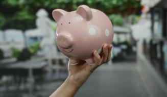 Pessoa segurando uma vaquinha de porcelana rosa com detalhes brancos em um ambiente ao ar livre, simbolizando economia doméstica ou poupança.