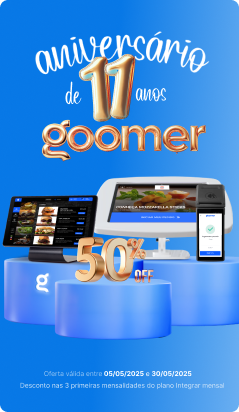 Comemoração de 11 anos da Goomer com 50% de desconto em serviços. Oferta válida de 05/05/2025 a 30/05/2025