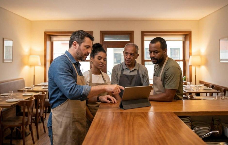 Quatro funcionários vestindo aventais estão reunidos ao redor do balcão de madeira de um restaurante. Homem à esquerda aponta para a tela de um tablet apoiado sobre a bancada enquanto orienta três colegas que observam atentamente as informações mostradas. Ao fundo, veem-se mesas e cadeiras organizadas em um ambiente aconchegante iluminado por luminárias.