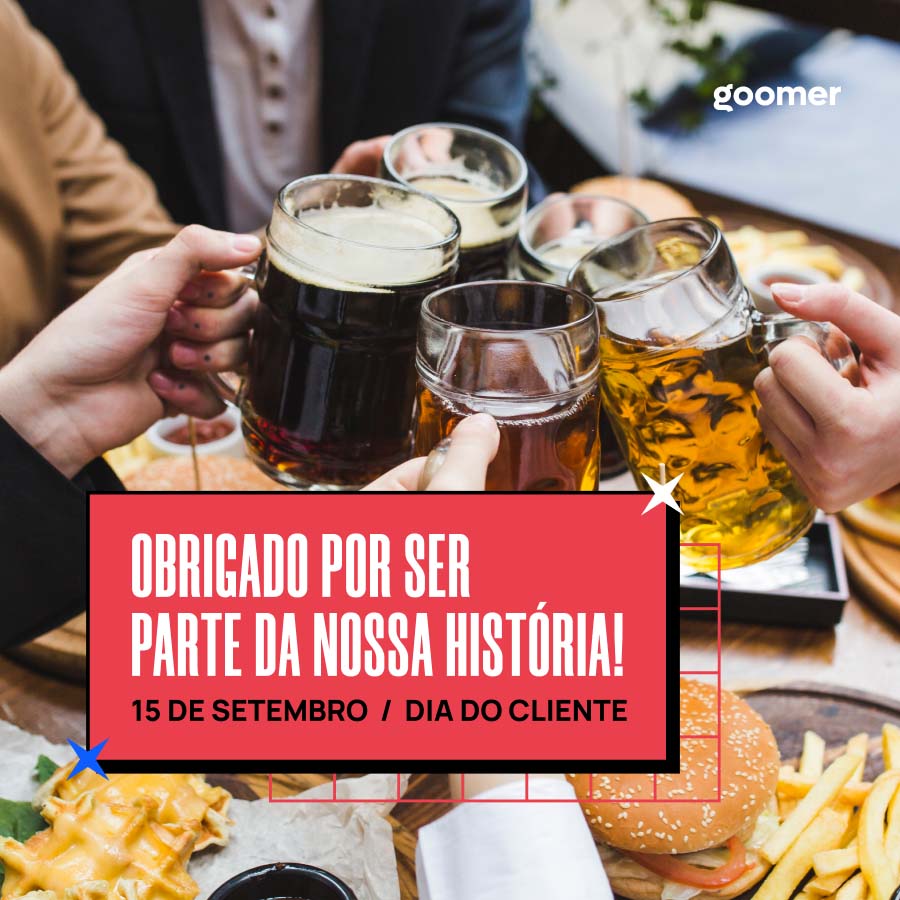 Ilustração exclusiva da Goomer com mensagem de celebração de dia do cliente em restaurantes. Fundo da imagem com quatro copos de cerveja em posição de brinde.