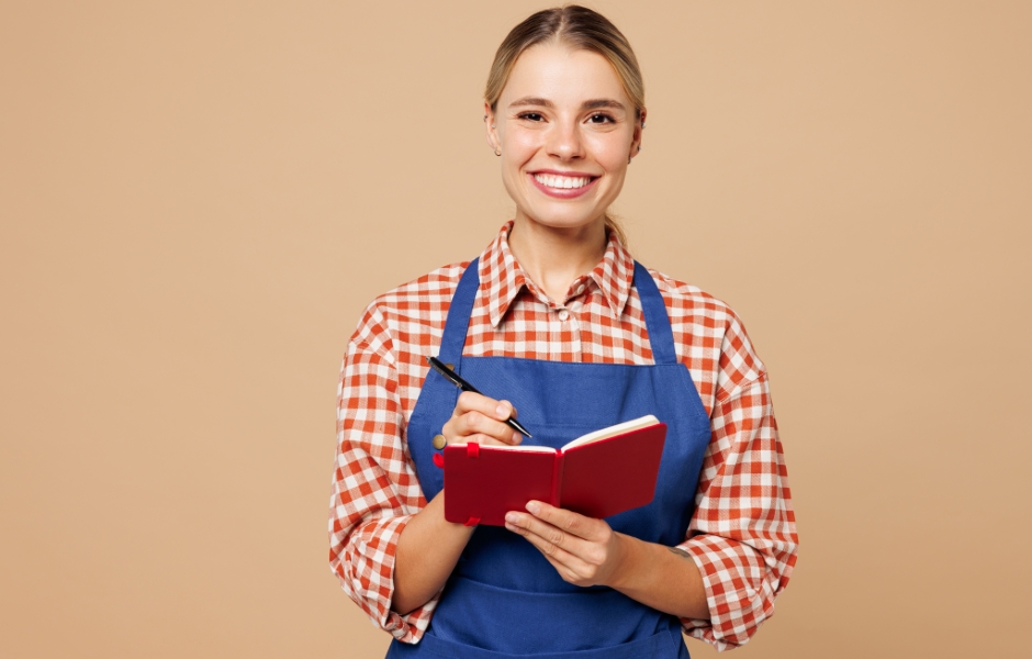 Mulher sorridente usando avental azul segurando um caderno vermelho e uma caneta, em um fundo neutro, representando o dia a dia de um trabalhador. Ideal para conteúdos sobre trabalho e organização.