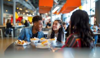 Grupo de jovens sorrindo e conversando em uma praça de alimentação colorida e movimentada enquanto comem lanches rápidos.
