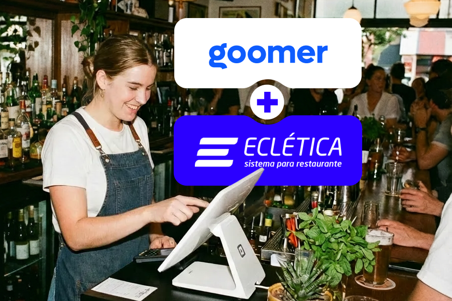 Goromer e Ecletica sistema para restaurante sendo utilizados por uma jovem garçonete em um bar movimentado, facilitando o atendimento e gerenciamento do estabelecimento.
