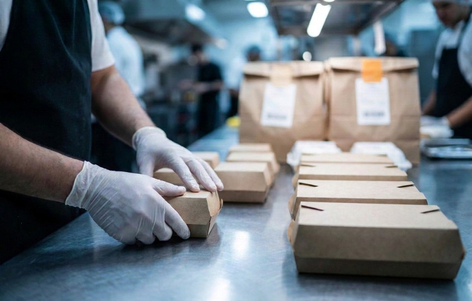 Profissional de luvas organiza embalagens de papel kraft em uma linha de montagem de delivery dentro de uma cozinha industrial movimentada.