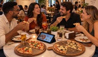 Amigos compartilham pizzas em uma pizzaria moderna enquanto consultam o cardápio digital da Goomer sistema para restaurantes.