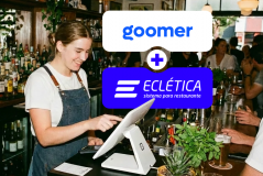 Goromer e Ecletica sistema para restaurante sendo utilizados por uma jovem garçonete em um bar movimentado, facilitando o atendimento e gerenciamento do estabelecimento.